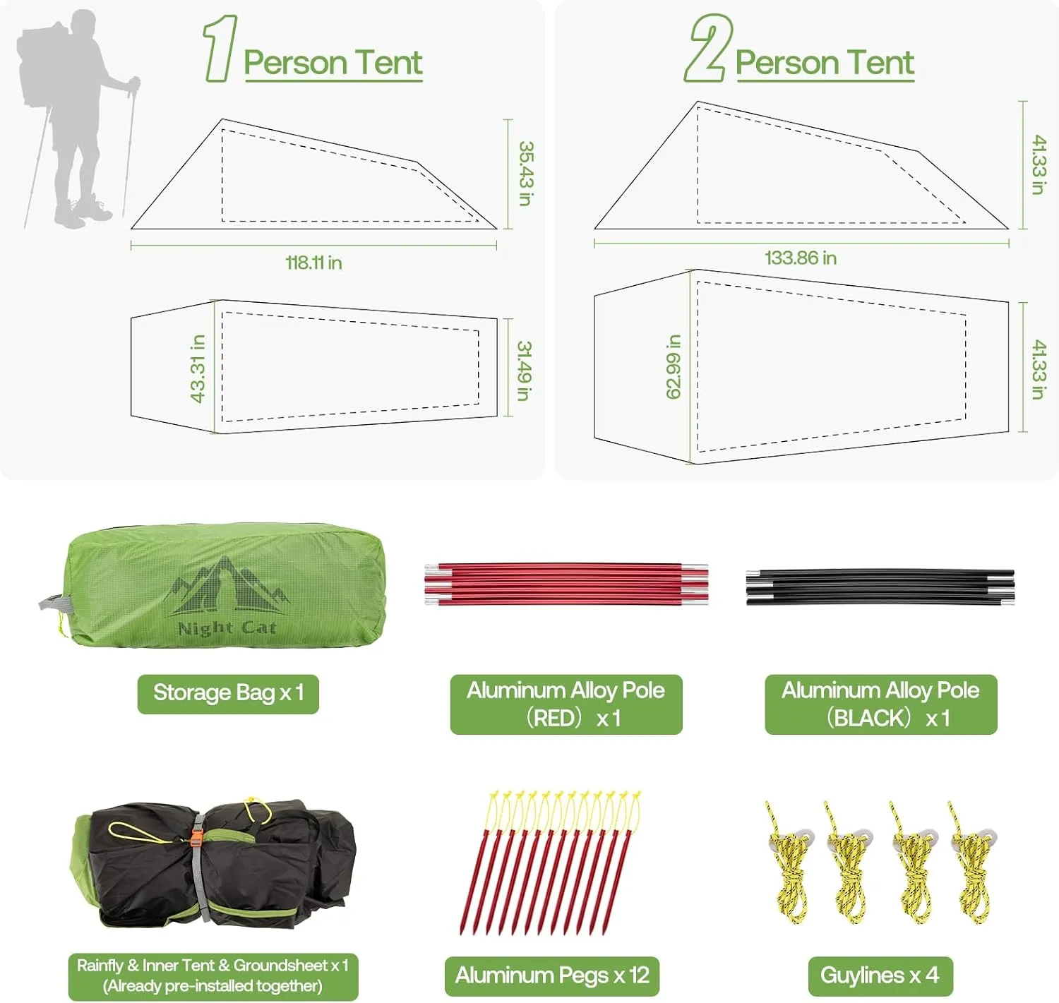 Night Cat Ultralight Tunnel Tent: Waterproof Lightweight Two People Backpacking Tent for Outdoor Camping Hiking Treeking with Double Layers Aluminum Poles and Footprint