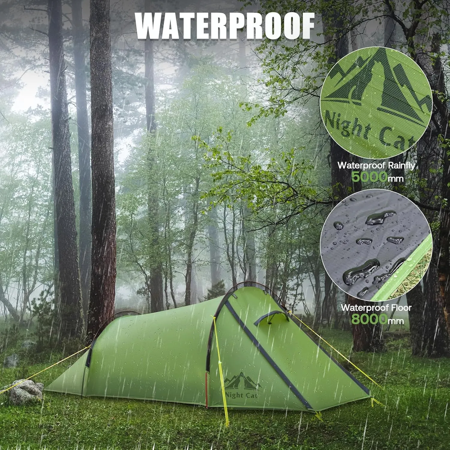 Night Cat Ultralight Tunnel Tent: Waterproof Lightweight Two People Backpacking Tent for Outdoor Camping Hiking Treeking with Double Layers Aluminum Poles and Footprint
