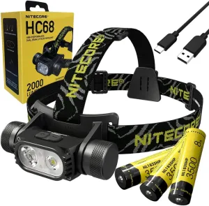 Nitecore HC68 Type-C Rechargeable Dual Beam E-Focus Headlamp, Luminus SST-40-W 2000 Lumens, Choices of Eco-Sensa Accessories (  2X Extra NL1835HP)