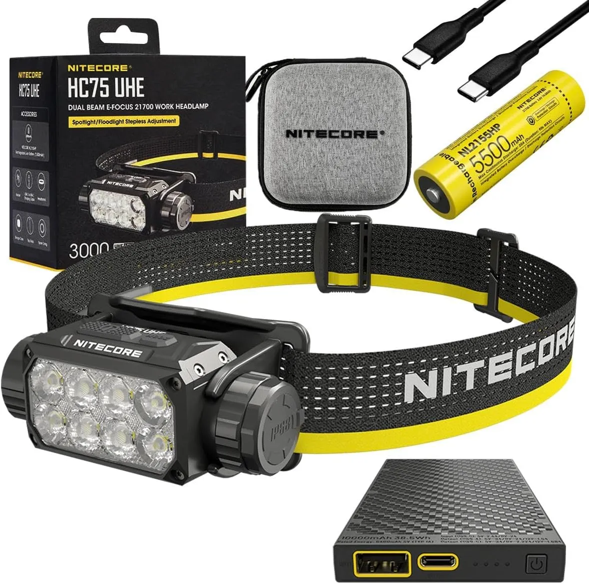 Nitecore HC75 UHE   NB10000 Genii HC75 UHE Rechargeable E-Focus Spotlight Floodlight Headlamp 192m Beam -3000 Lumens (Upgrade of HC68) w/ NB10000 Genii PowerCharger and Battery Included