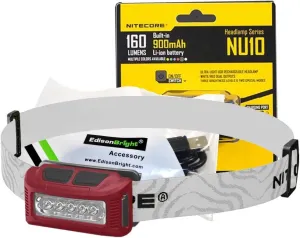 Nitecore NU10 160 Lumen USB rechargeable LED headlamp/worklight and EdisonBright brand USB charging cable bundle (Red)