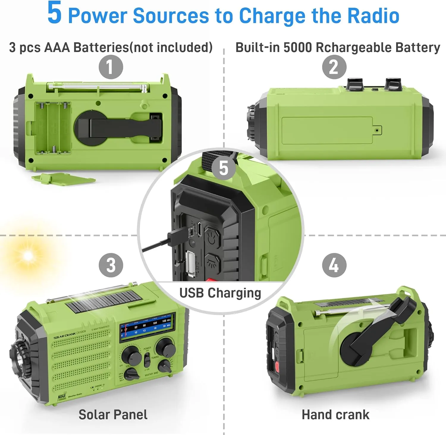 NOAA Weather Radio, Emergency Hand Crank Radio with Solar Charger, Portable Battery Operated AM FM Shortwave Radio with LED Flashlight, USB Charger, Earbud Jack, SOS Alert for Home Survival Hurricane
