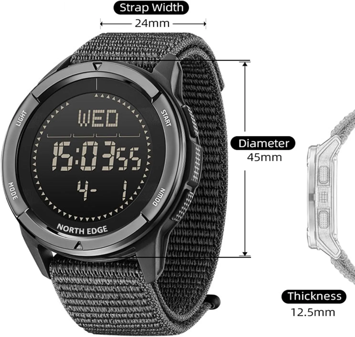 NORTH EDGE Military-Watch for Men - Tactical Survival Watch, Men's Women's Digital Wrist Watches for Sports Outdoors, Pedometer, Compass, Calories, Durable Nylon Band