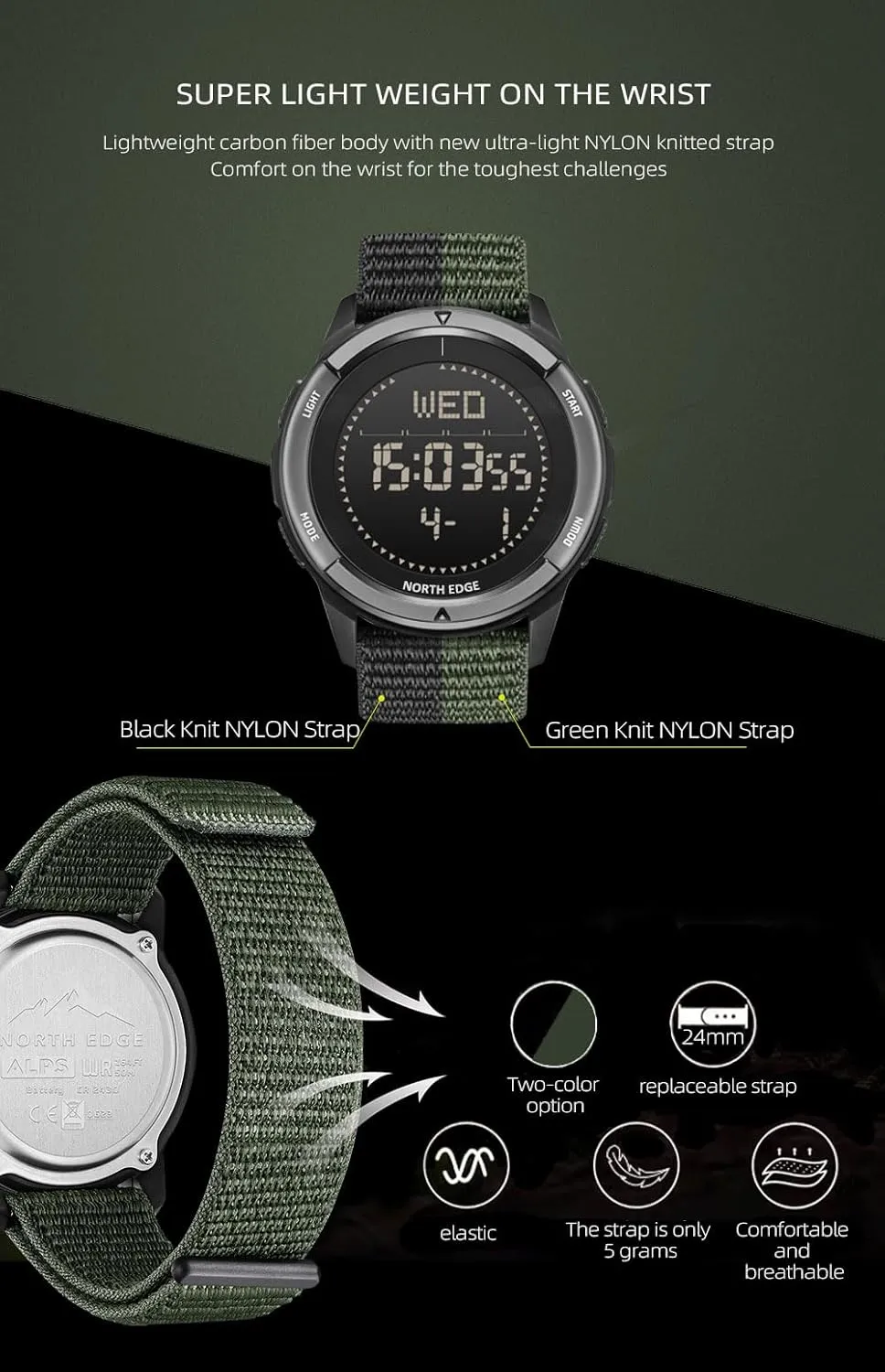 NORTH EDGE Military-Watch for Men - Tactical Survival Watch, Men's Women's Digital Wrist Watches for Sports Outdoors, Pedometer, Compass, Calories, Durable Nylon Band