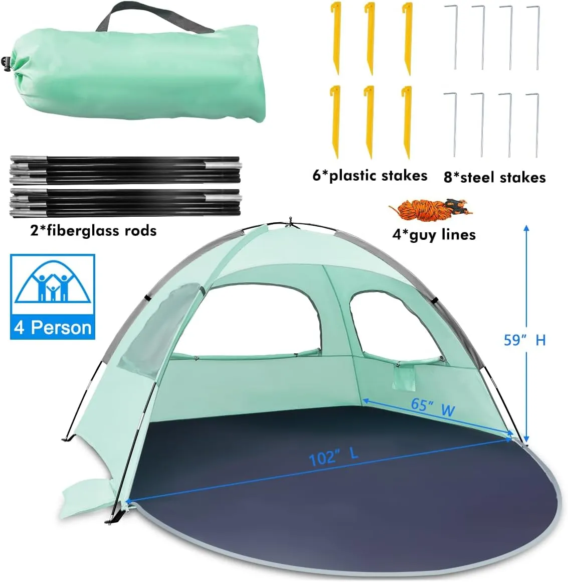 NXONE Beach Tent Sun Shade Shelter for 3/4/6 Person Person with UV Protection, Extended Floor, 3 Mesh Roll Up Windows & 8.0/8.5mm Fiberglass Rods丨Carry Bag Included