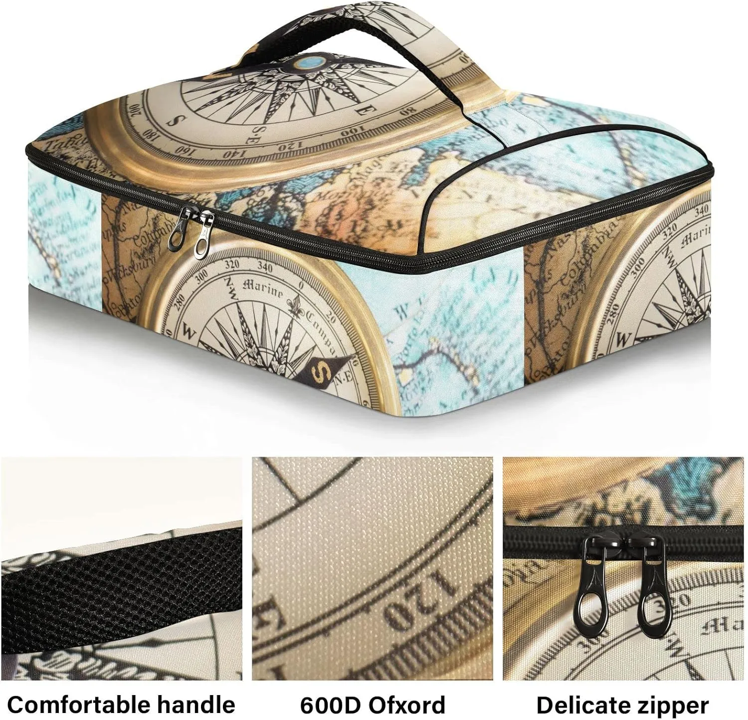 Old Retro Compass on Old Map Travel Geography Navigation Reusable Insulated Pizza Bag, Waterproof Food Delivery Bag, with Handle Lid Leakproof Pizza Holder Tote for Hot or Cold Food