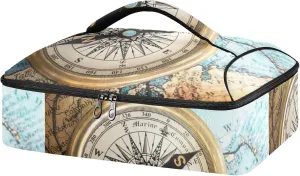 Old Retro Compass on Old Map Travel Geography Navigation Reusable Insulated Pizza Bag, Waterproof Food Delivery Bag, with Handle Lid Leakproof Pizza Holder Tote for Hot or Cold Food