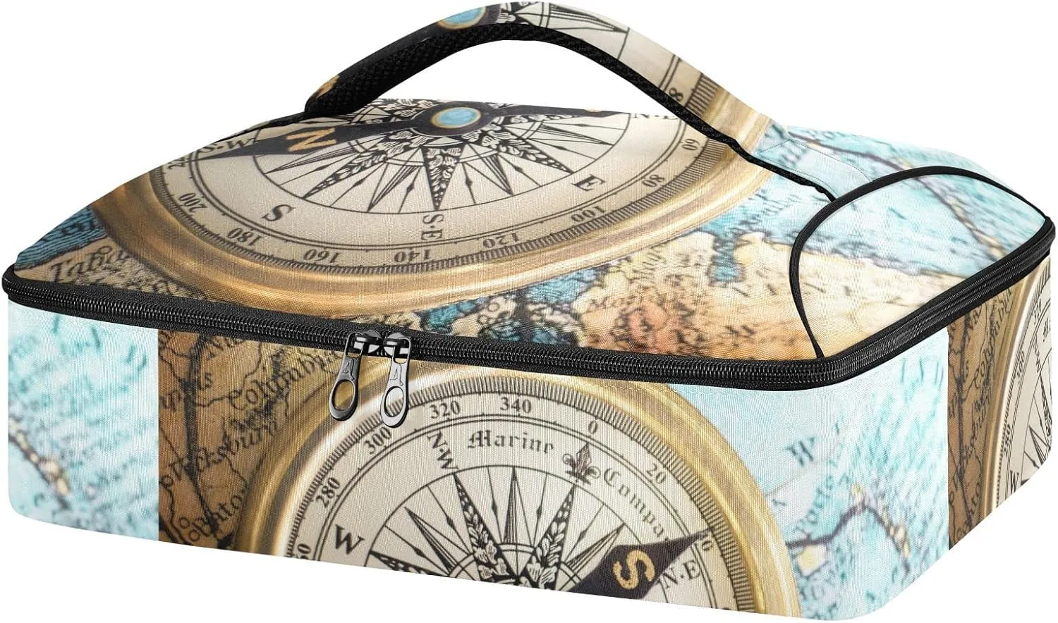 Old Retro Compass on Old Map Travel Geography Navigation Reusable Insulated Pizza Bag, Waterproof Food Delivery Bag, with Handle Lid Leakproof Pizza Holder Tote for Hot or Cold Food