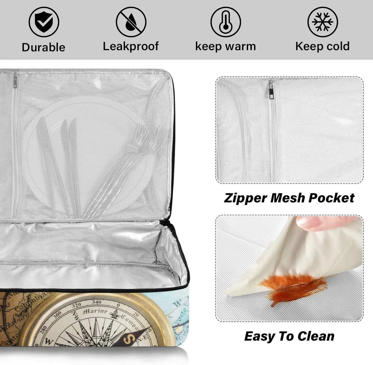 Old Retro Compass on Old Map Travel Geography Navigation Reusable Insulated Pizza Bag, Waterproof Food Delivery Bag, with Handle Lid Leakproof Pizza Holder Tote for Hot or Cold Food