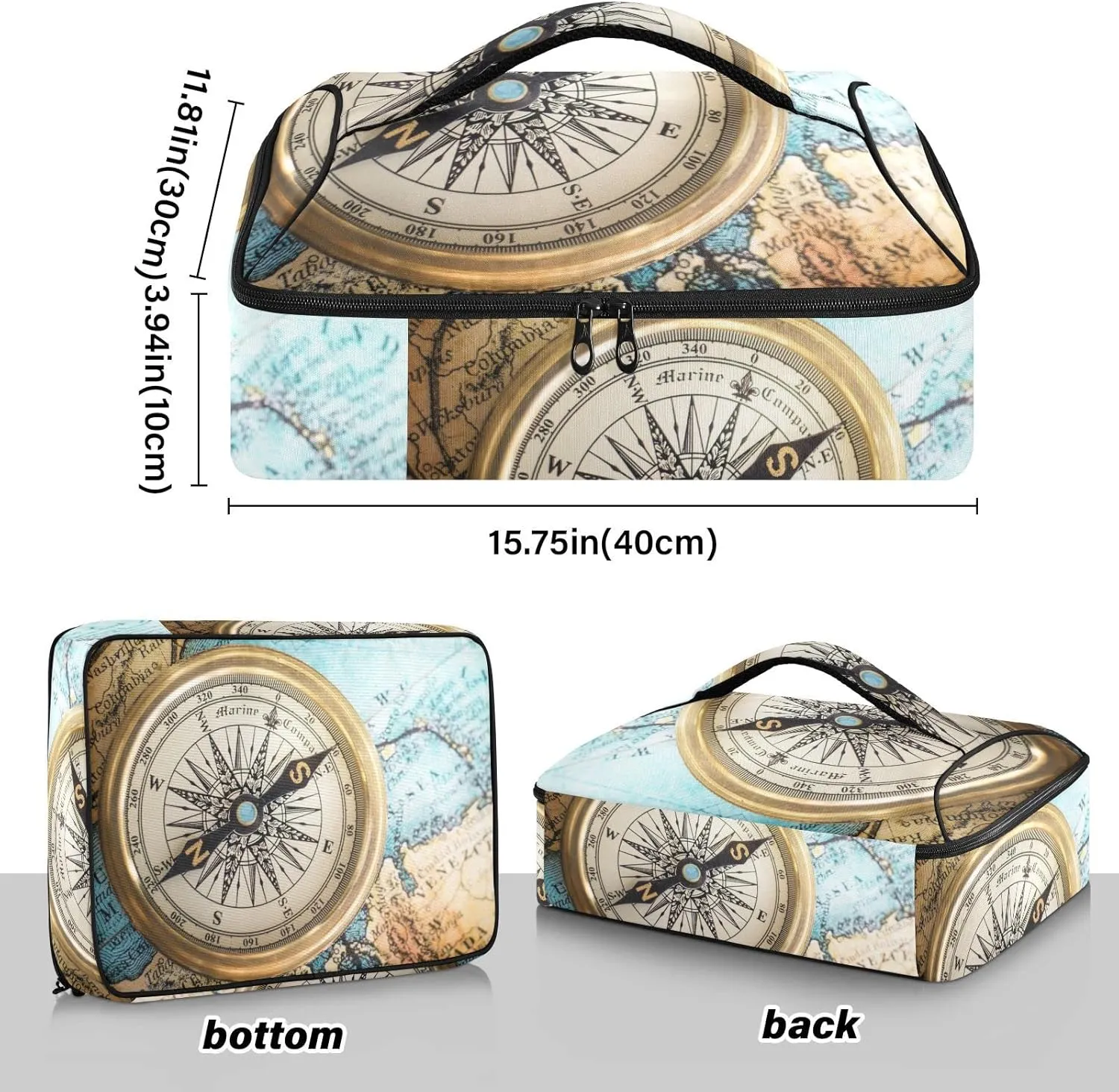 Old Retro Compass on Old Map Travel Geography Navigation Reusable Insulated Pizza Bag, Waterproof Food Delivery Bag, with Handle Lid Leakproof Pizza Holder Tote for Hot or Cold Food