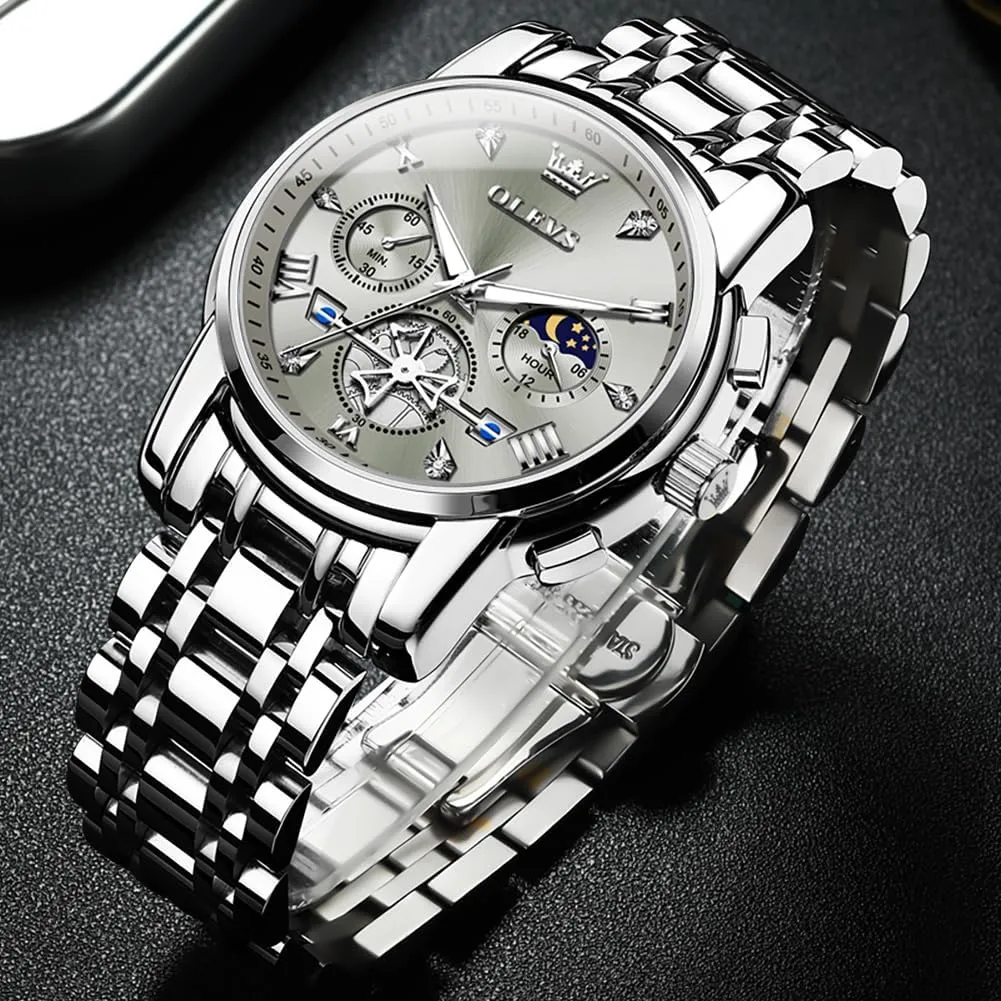 OLEVS Men Skeleton Watches Stainless Steel Analog Quartz Moon Phase Male Watch, Diamond Multi Calendar Chronograph Watch,Waterproof Wrist Watch for Men