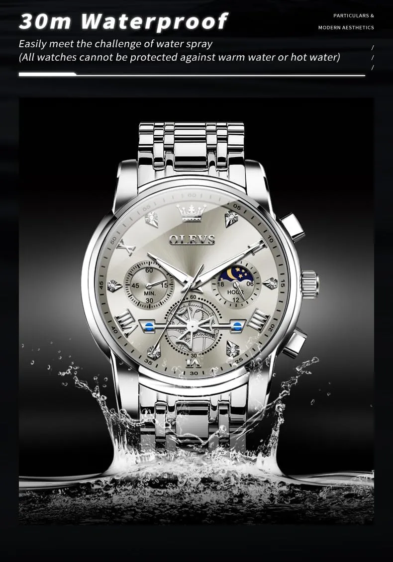 OLEVS Men Skeleton Watches Stainless Steel Analog Quartz Moon Phase Male Watch, Diamond Multi Calendar Chronograph Watch,Waterproof Wrist Watch for Men