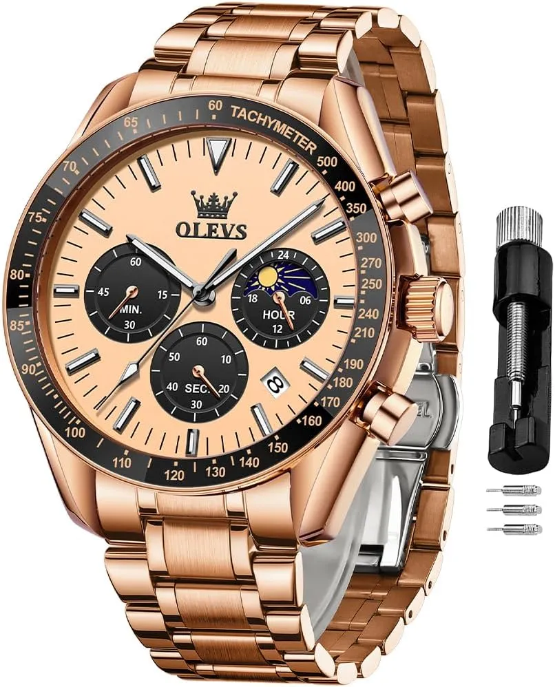 OLEVS Men Skeleton Watches Stainless Steel Analog Quartz Moon Phase Male Watch, Diamond Multi Calendar Chronograph Watch,Waterproof Wrist Watch for Men