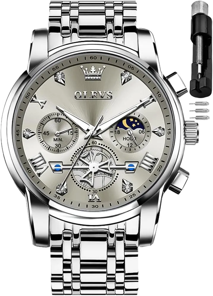 OLEVS Men Skeleton Watches Stainless Steel Analog Quartz Moon Phase Male Watch, Diamond Multi Calendar Chronograph Watch,Waterproof Wrist Watch for Men