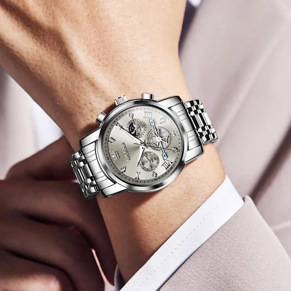 OLEVS Men Skeleton Watches Stainless Steel Analog Quartz Moon Phase Male Watch, Diamond Multi Calendar Chronograph Watch,Waterproof Wrist Watch for Men