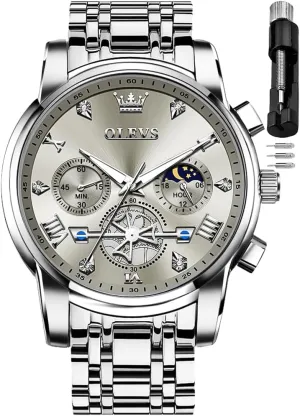 OLEVS Men Skeleton Watches Stainless Steel Analog Quartz Moon Phase Male Watch, Diamond Multi Calendar Chronograph Watch,Waterproof Wrist Watch for Men
