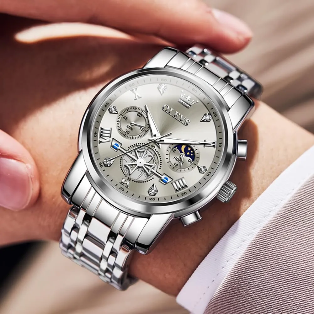 OLEVS Men Skeleton Watches Stainless Steel Analog Quartz Moon Phase Male Watch, Diamond Multi Calendar Chronograph Watch,Waterproof Wrist Watch for Men
