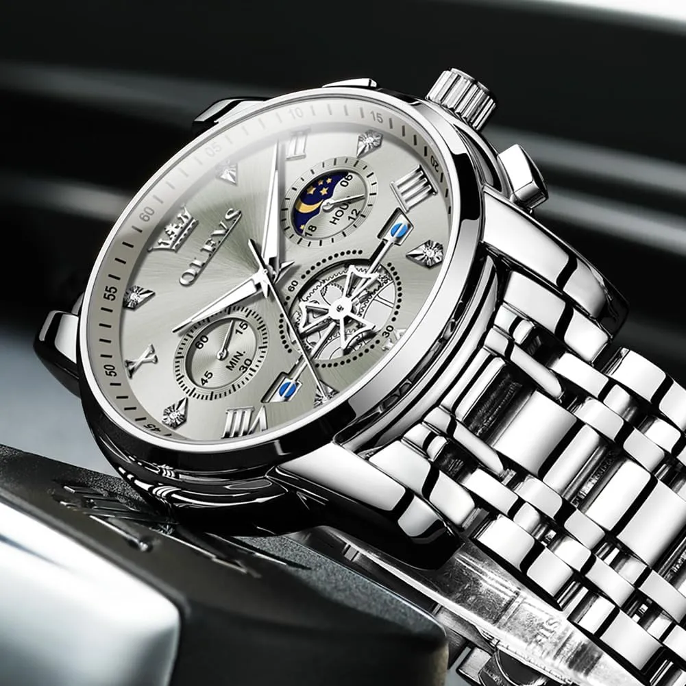 OLEVS Men Skeleton Watches Stainless Steel Analog Quartz Moon Phase Male Watch, Diamond Multi Calendar Chronograph Watch,Waterproof Wrist Watch for Men