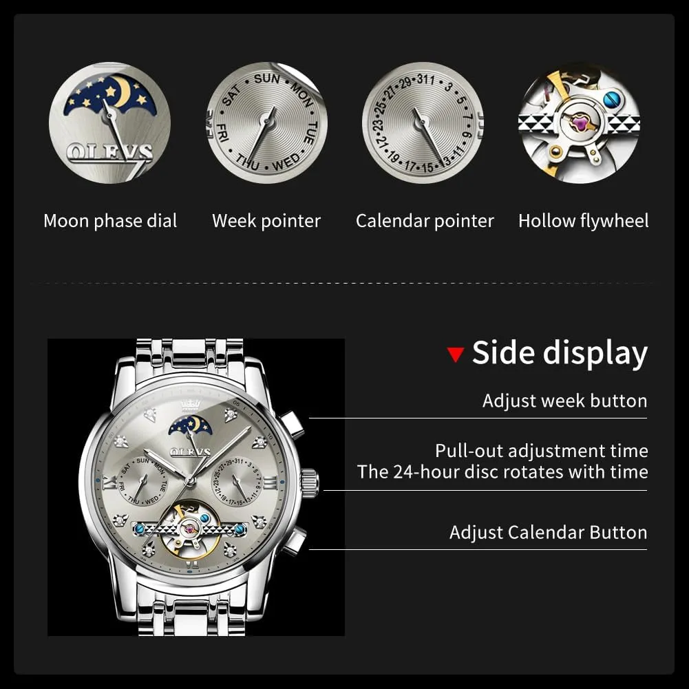 OLEVS Mens Automatic Watches Self Winding Skeleton Luxury Stylish Wrist Watch Waterproof Luminous