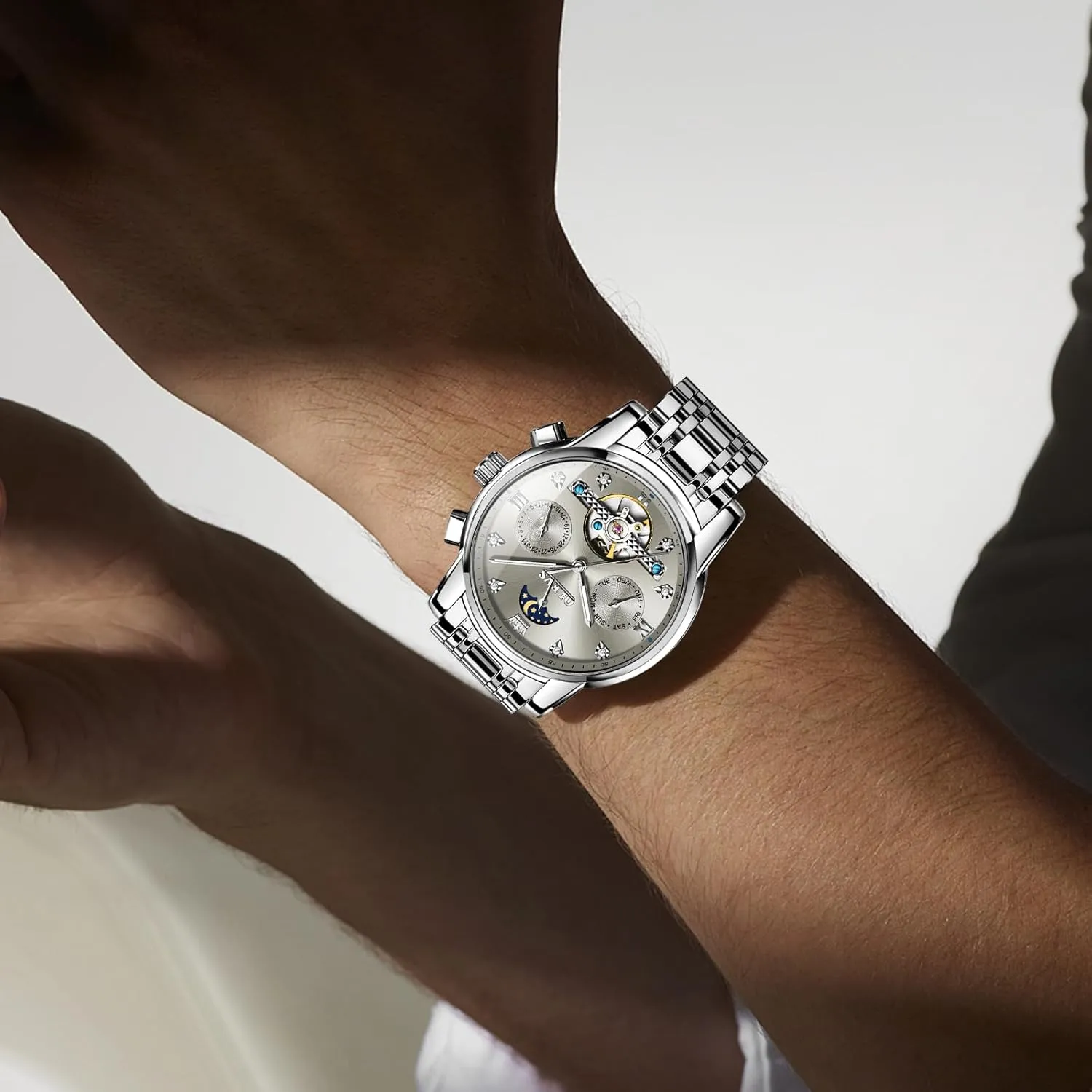 OLEVS Mens Automatic Watches Self Winding Skeleton Luxury Stylish Wrist Watch Waterproof Luminous