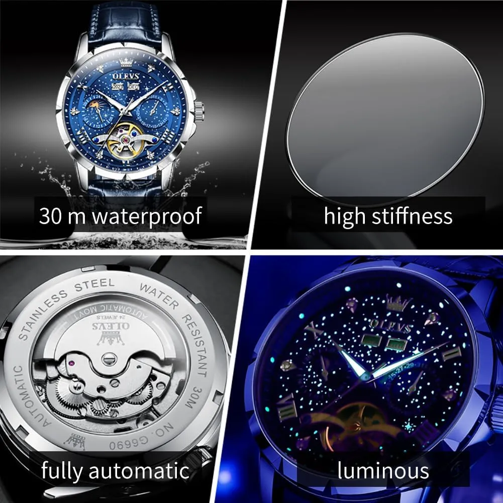 OLEVS Mens Automatic Watches Self-Winding Starry Sky Diamond Skeleton Luxury Wrist Watch Waterproof Luminous