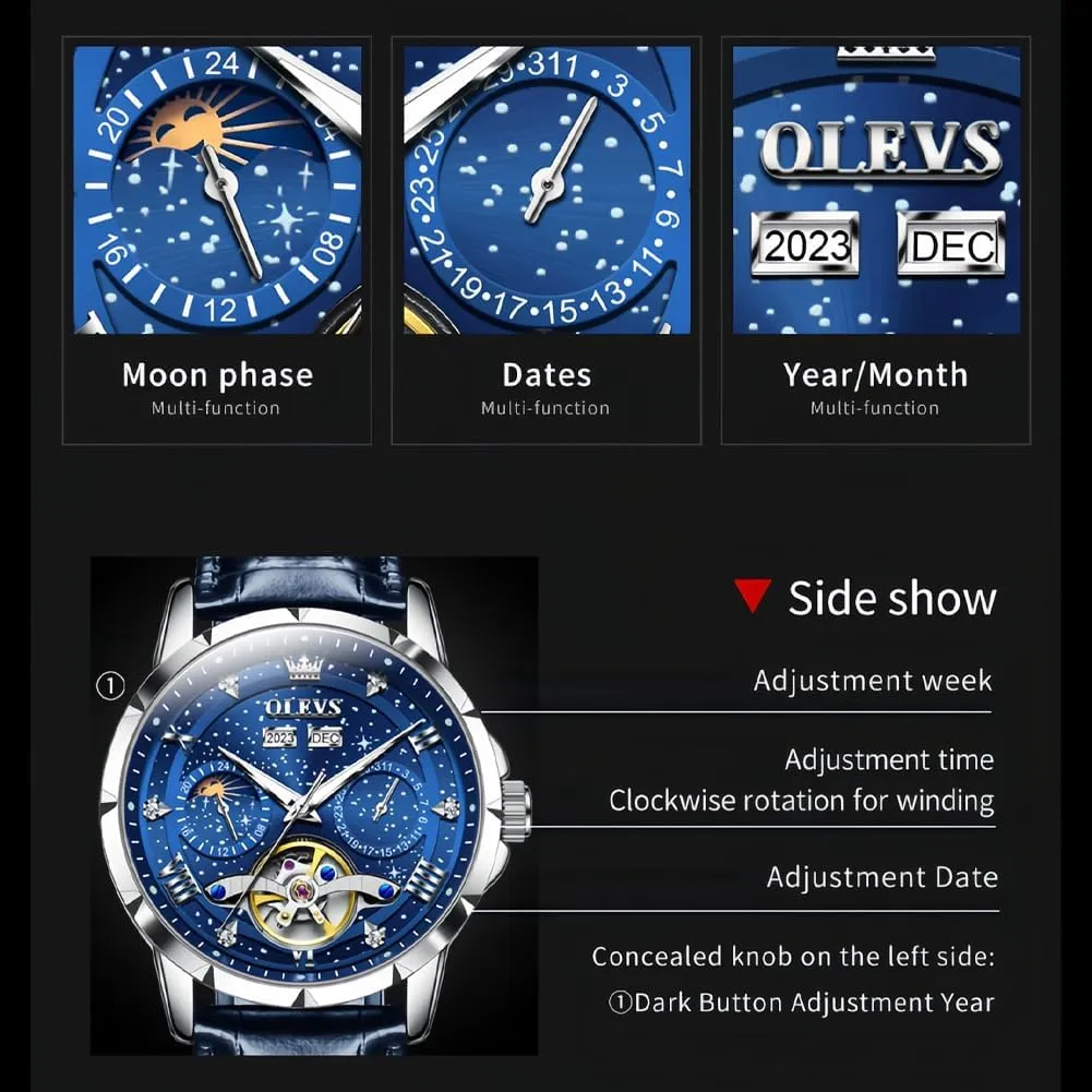 OLEVS Mens Automatic Watches Self-Winding Starry Sky Diamond Skeleton Luxury Wrist Watch Waterproof Luminous