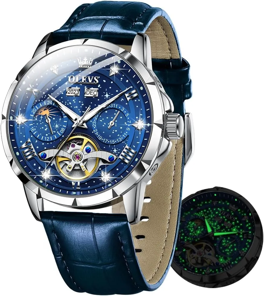 OLEVS Mens Automatic Watches Self-Winding Starry Sky Diamond Skeleton Luxury Wrist Watch Waterproof Luminous
