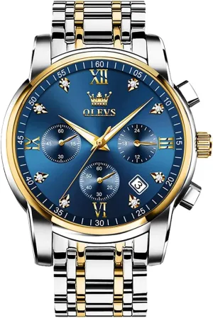 OLEVS Men's Stainless Steel Chronograph Watch, Big Face Gold Silver Black Tone Easy to Read Analog Quartz Watch, Luxury Waterproof Date Diamond Roman Arabic Numerals Dial Dress Watch for Men