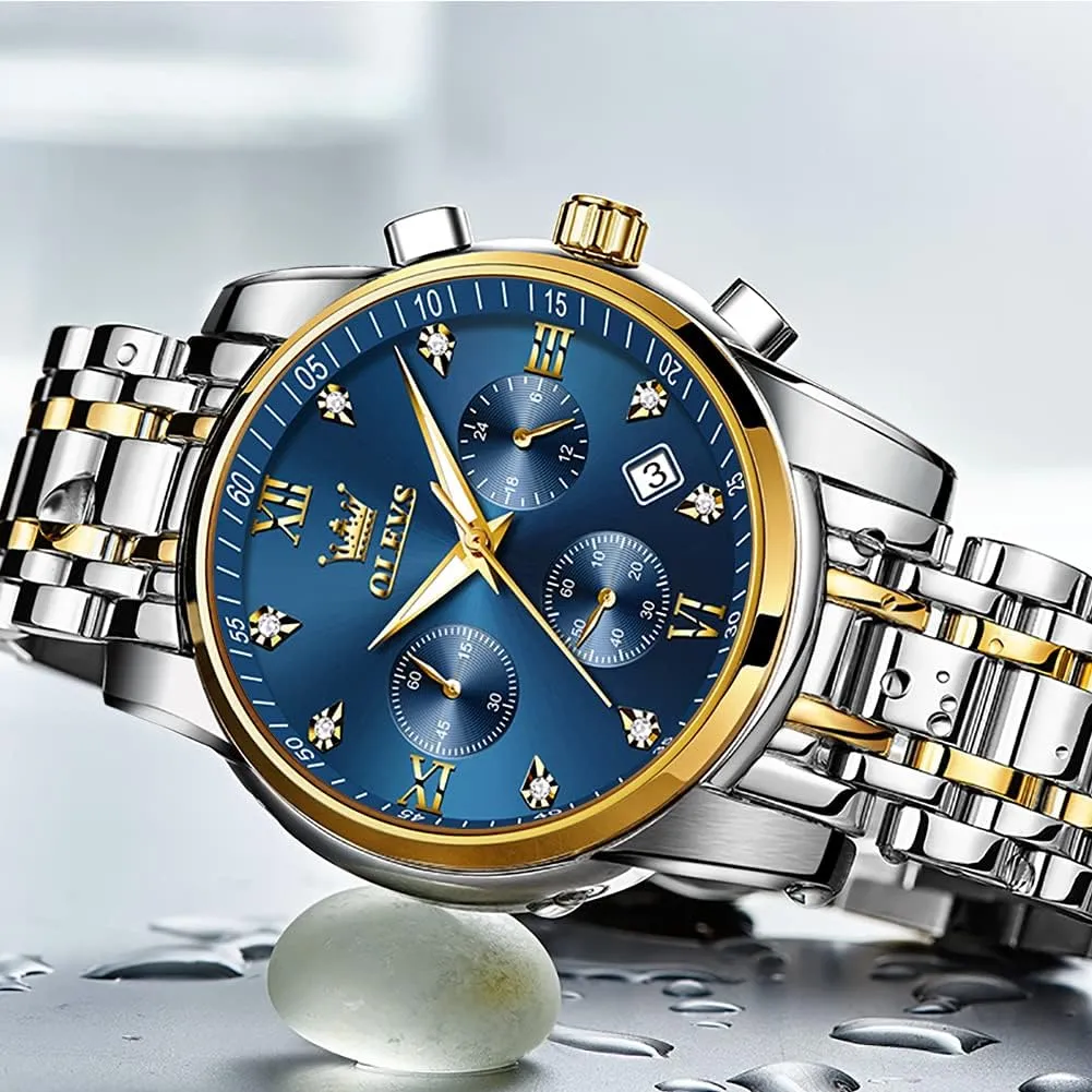 OLEVS Men's Stainless Steel Chronograph Watch, Big Face Gold Silver Black Tone Easy to Read Analog Quartz Watch, Luxury Waterproof Date Diamond Roman Arabic Numerals Dial Dress Watch for Men
