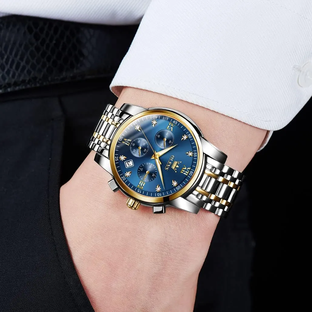 OLEVS Men's Stainless Steel Chronograph Watch, Big Face Gold Silver Black Tone Easy to Read Analog Quartz Watch, Luxury Waterproof Date Diamond Roman Arabic Numerals Dial Dress Watch for Men