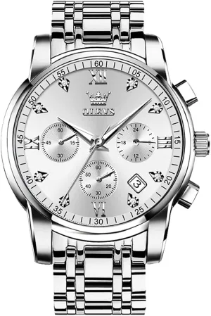 OLEVS Men's Stainless Steel Chronograph Watch, Big Face Gold Silver Black Tone Easy to Read Analog Quartz Watch, Luxury Waterproof Date Diamond Roman Arabic Numerals Dial Dress Watch for Men