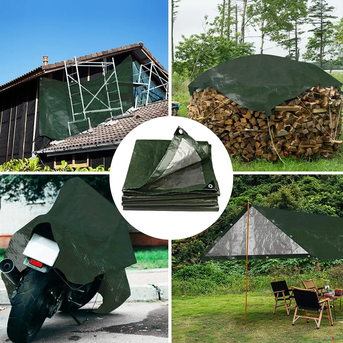 Onarway Poly Tarps Waterproof for Outdoor: Green Tarpaulin 6Mil Thicken 10x14 Ft - Anti-UV Waterproof Tarp Cover with Grommets Multipurpose for Boat Pool Roof Camping