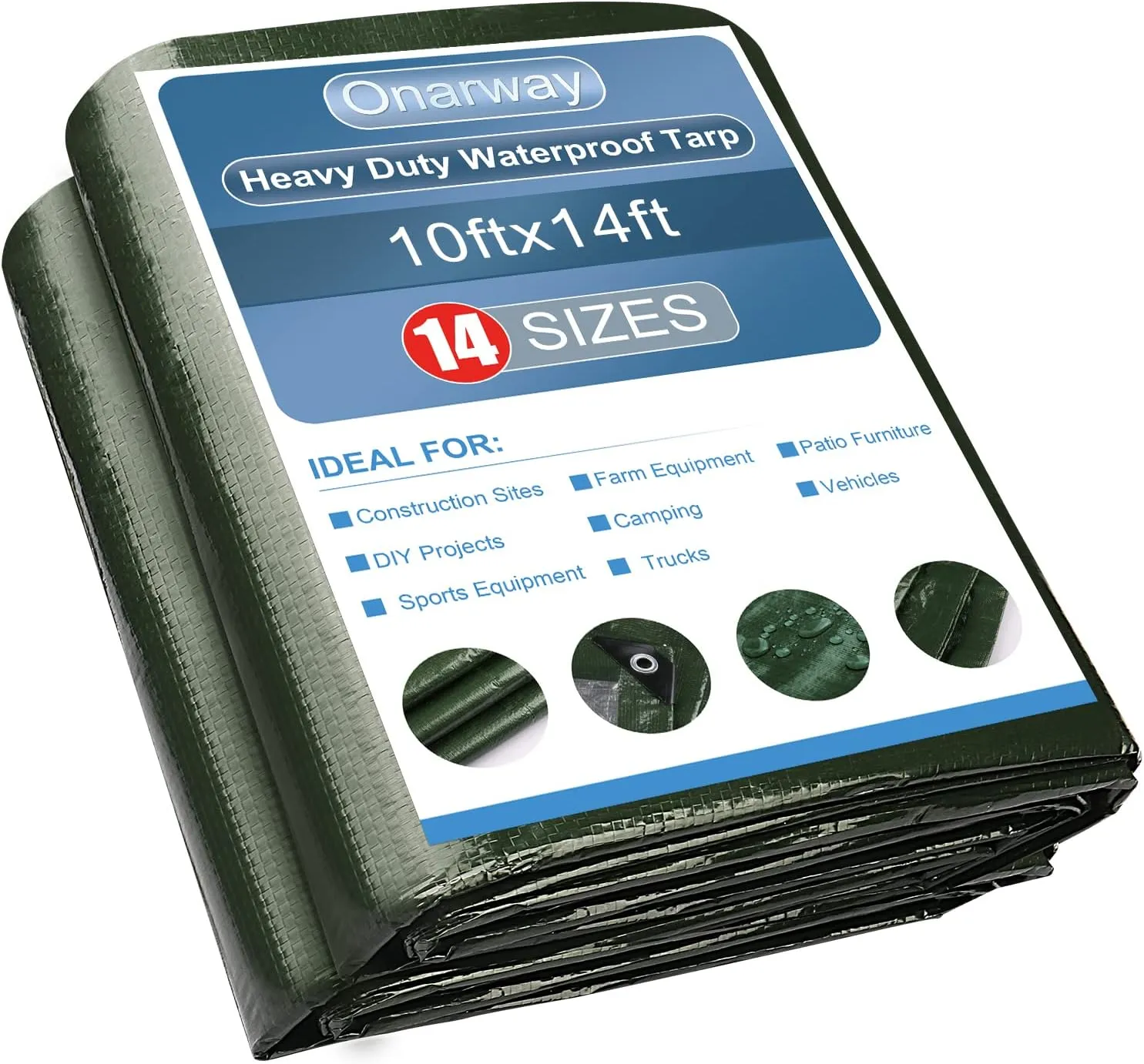 Onarway Poly Tarps Waterproof for Outdoor: Green Tarpaulin 6Mil Thicken 10x14 Ft - Anti-UV Waterproof Tarp Cover with Grommets Multipurpose for Boat Pool Roof Camping