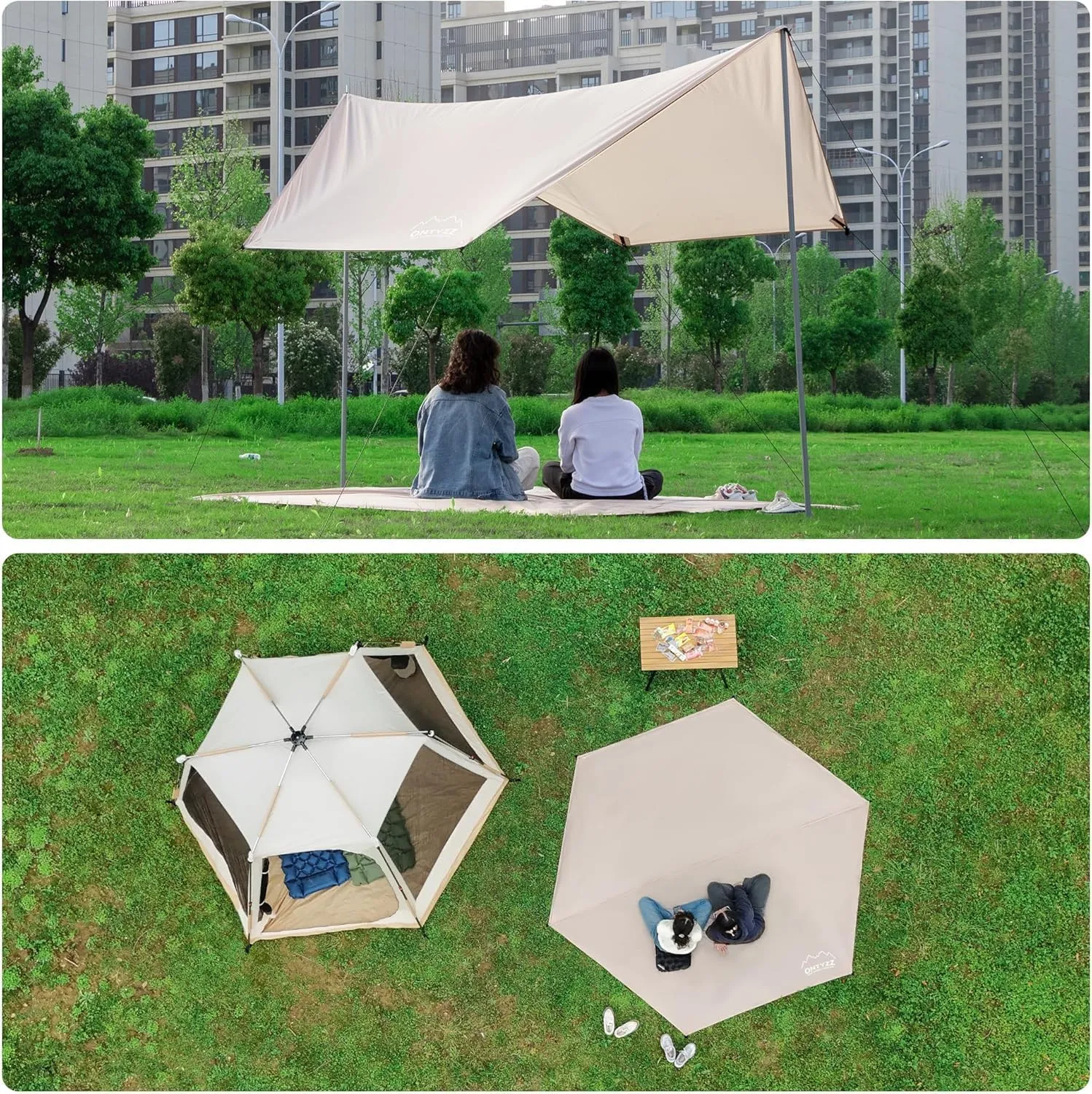 ONTYZZ Hexagonal Tent Footprint Waterproof Camping Tarp Two in One Ground Sheet Mat and Tent Tarp for Camping Outdoor Hiking Beach Picnic, Khaki
