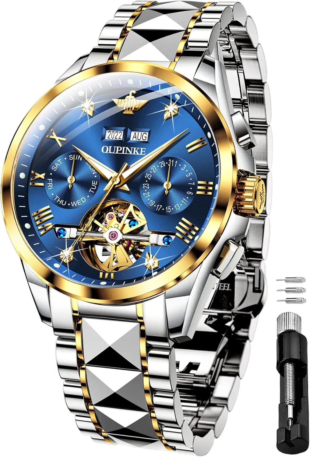 OUPINKE Black Men Automatic Mechanical Wrist Watches Luxury Dress Tungsten Steel Luminous Waterproof Sapphire Diamond Calendar Best Gifts Men…