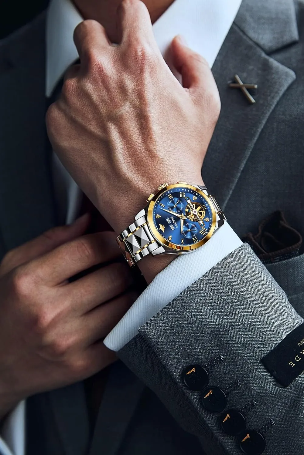 OUPINKE Black Men Automatic Mechanical Wrist Watches Luxury Dress Tungsten Steel Luminous Waterproof Sapphire Diamond Calendar Best Gifts Men…