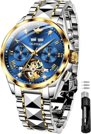 OUPINKE Black Men Automatic Mechanical Wrist Watches Luxury Dress Tungsten Steel Luminous Waterproof Sapphire Diamond Calendar Best Gifts Men…