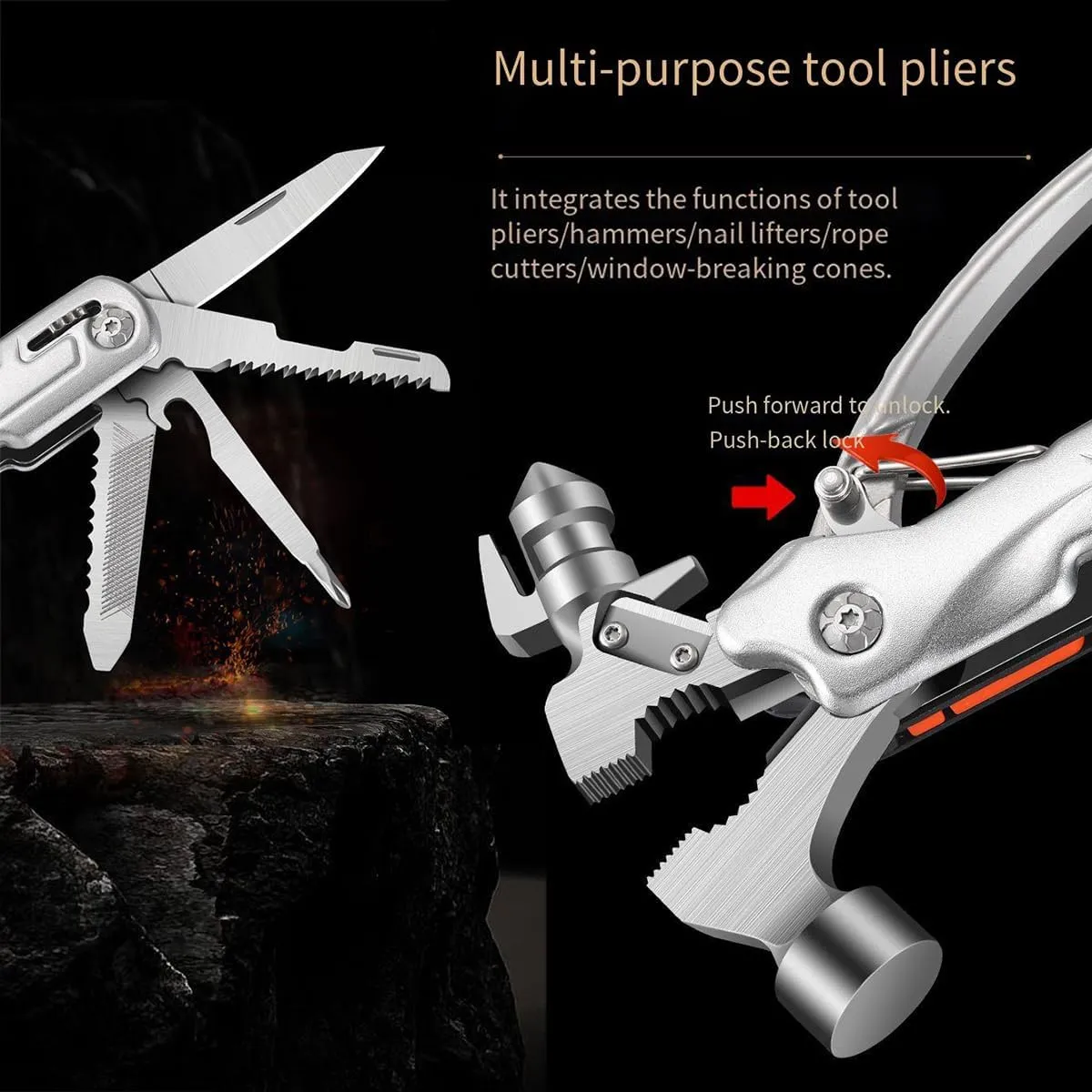 Outdoor camping fitter hammer small tool multifunctional stainless steel nail breaking hammer 12 in 1