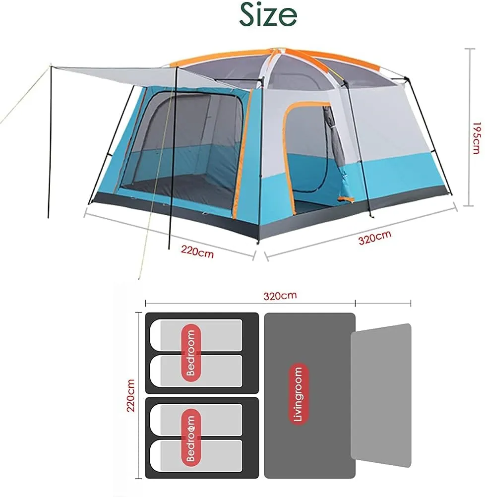 Outdoor Camping Tent 5-8 Person Large Family Tents for Camping Festival, Hiking Tent with Living Room and Separate Rooms 4 Season Tents Big Family Shelter (Blue) (Green)