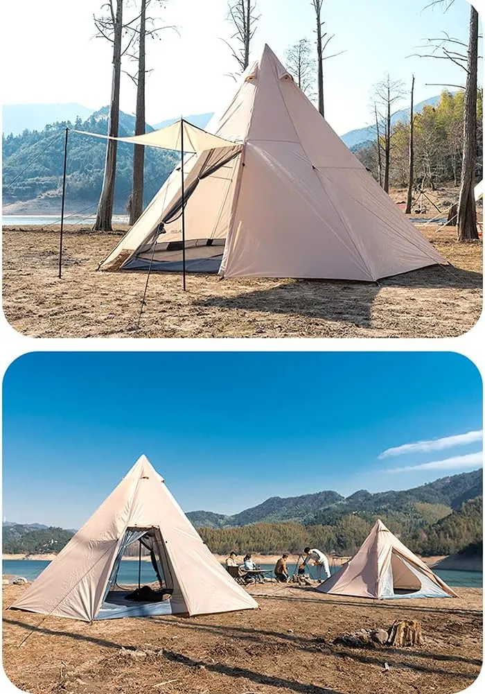Outdoor Indian Tipi Tent Ultralight Teepee Tent Waterproof Family Pyramid Tent for Backpacking, Camping, Hiking, Bushcraft, Travel, Winter Camping, 340X290X200CM, Khaki