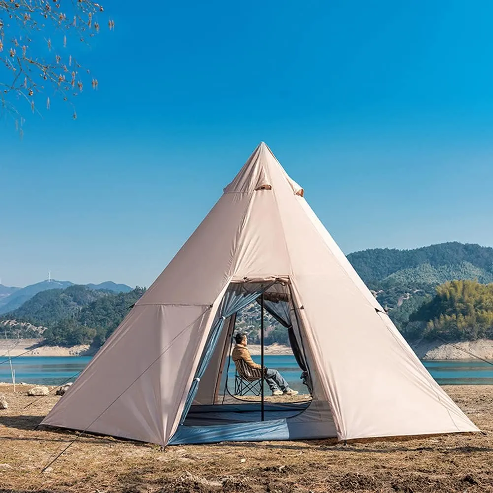 Outdoor Indian Tipi Tent Ultralight Teepee Tent Waterproof Family Pyramid Tent for Backpacking, Camping, Hiking, Bushcraft, Travel, Winter Camping, 340X290X200CM, Khaki