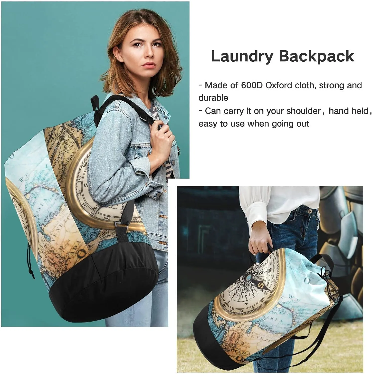 Oyihfvs Old Retro Compass on Old Map Travel Geography Navigation Backpack Laundry Bag, Laundry Backpack with Shoulder Straps, Waterproof Nylon Clothes Hamper Bag for Men Women Yoga Backpack