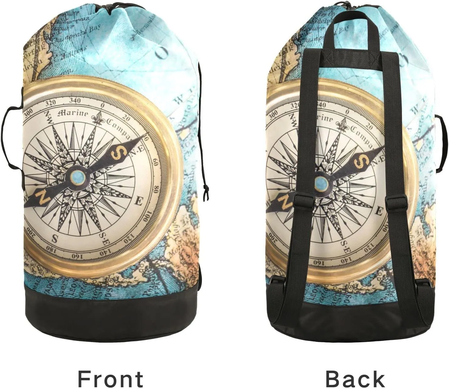 Oyihfvs Old Retro Compass on Old Map Travel Geography Navigation Backpack Laundry Bag, Laundry Backpack with Shoulder Straps, Waterproof Nylon Clothes Hamper Bag for Men Women Yoga Backpack