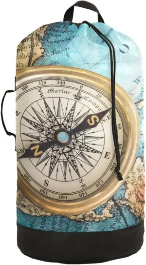Oyihfvs Old Retro Compass on Old Map Travel Geography Navigation Backpack Laundry Bag, Laundry Backpack with Shoulder Straps, Waterproof Nylon Clothes Hamper Bag for Men Women Yoga Backpack