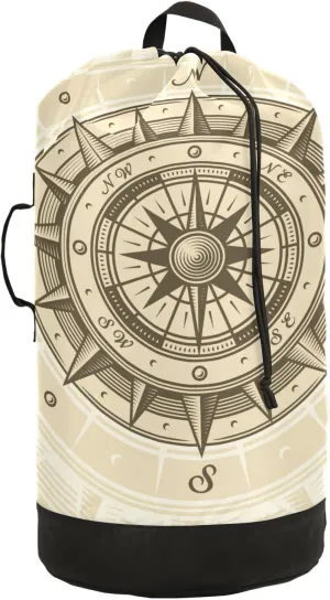 Oyihfvs Retro Compass in Woodcut Style with Clipping Mask Backpack Laundry Bag, Laundry Backpack with Shoulder Straps, Waterproof Nylon Clothes Hamper Bag for Men Women Yoga Backpack