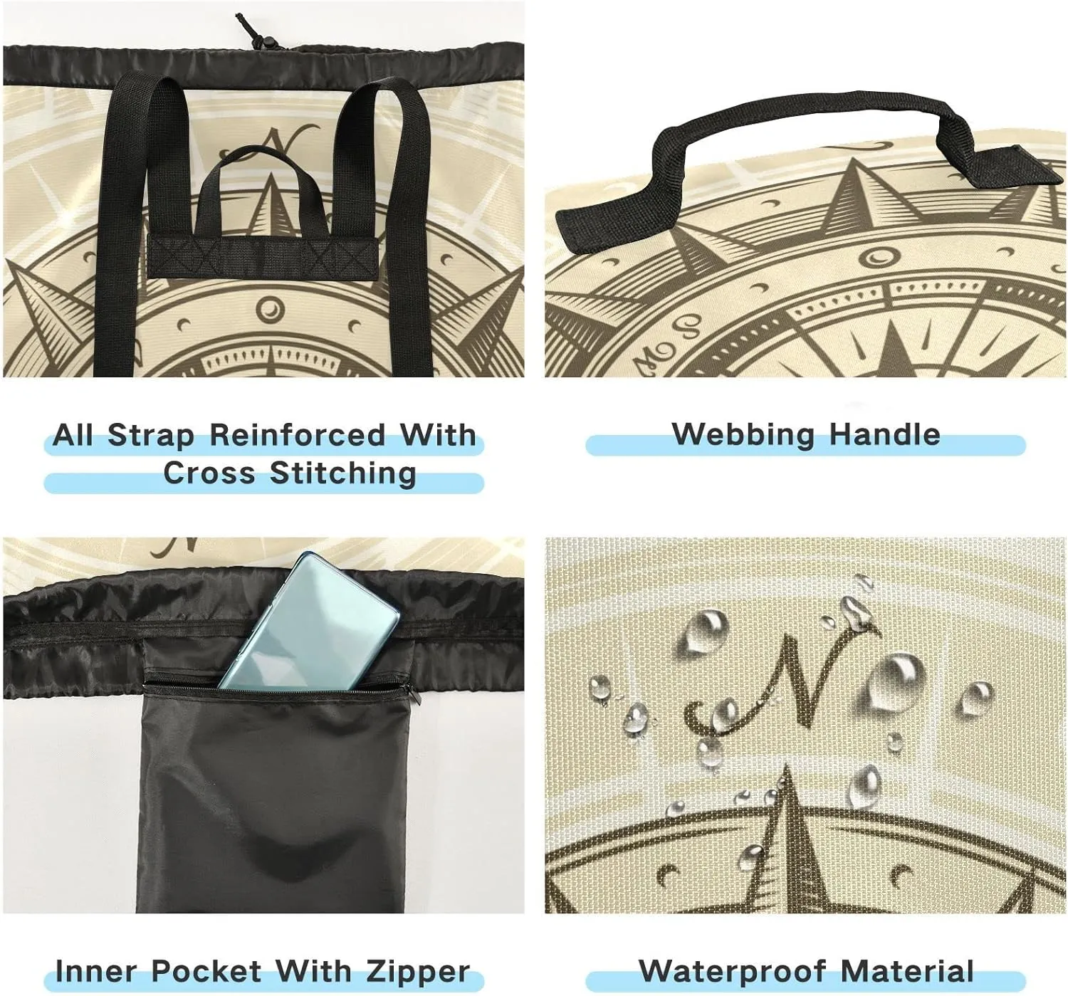 Oyihfvs Retro Compass in Woodcut Style with Clipping Mask Backpack Laundry Bag, Laundry Backpack with Shoulder Straps, Waterproof Nylon Clothes Hamper Bag for Men Women Yoga Backpack