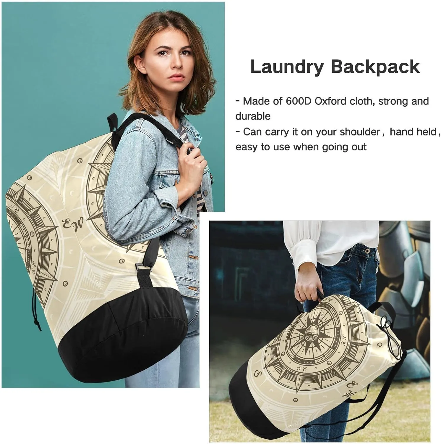 Oyihfvs Retro Compass in Woodcut Style with Clipping Mask Backpack Laundry Bag, Laundry Backpack with Shoulder Straps, Waterproof Nylon Clothes Hamper Bag for Men Women Yoga Backpack