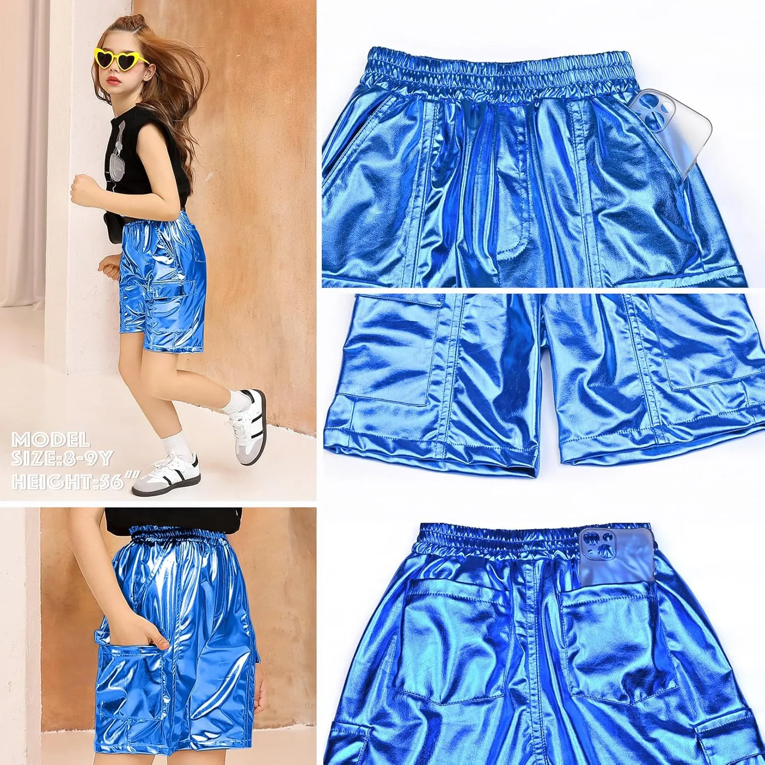 Perfashion Metallic Cargo Shorts for Girls Boys Y2K Multi-Pocket Shorts Streetwear Skater Shorts 4-13Y