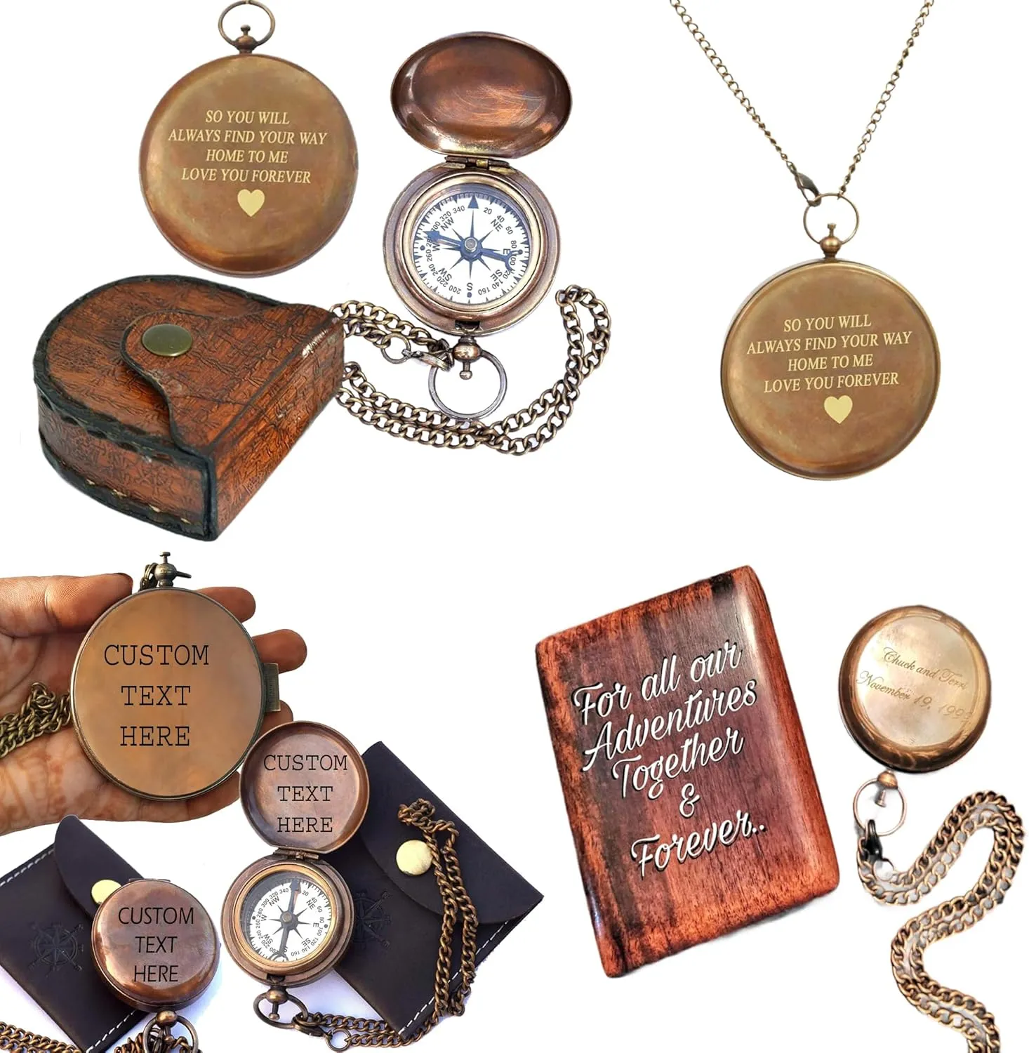 Personalized Brass Compass with Leather Case (Brown)
