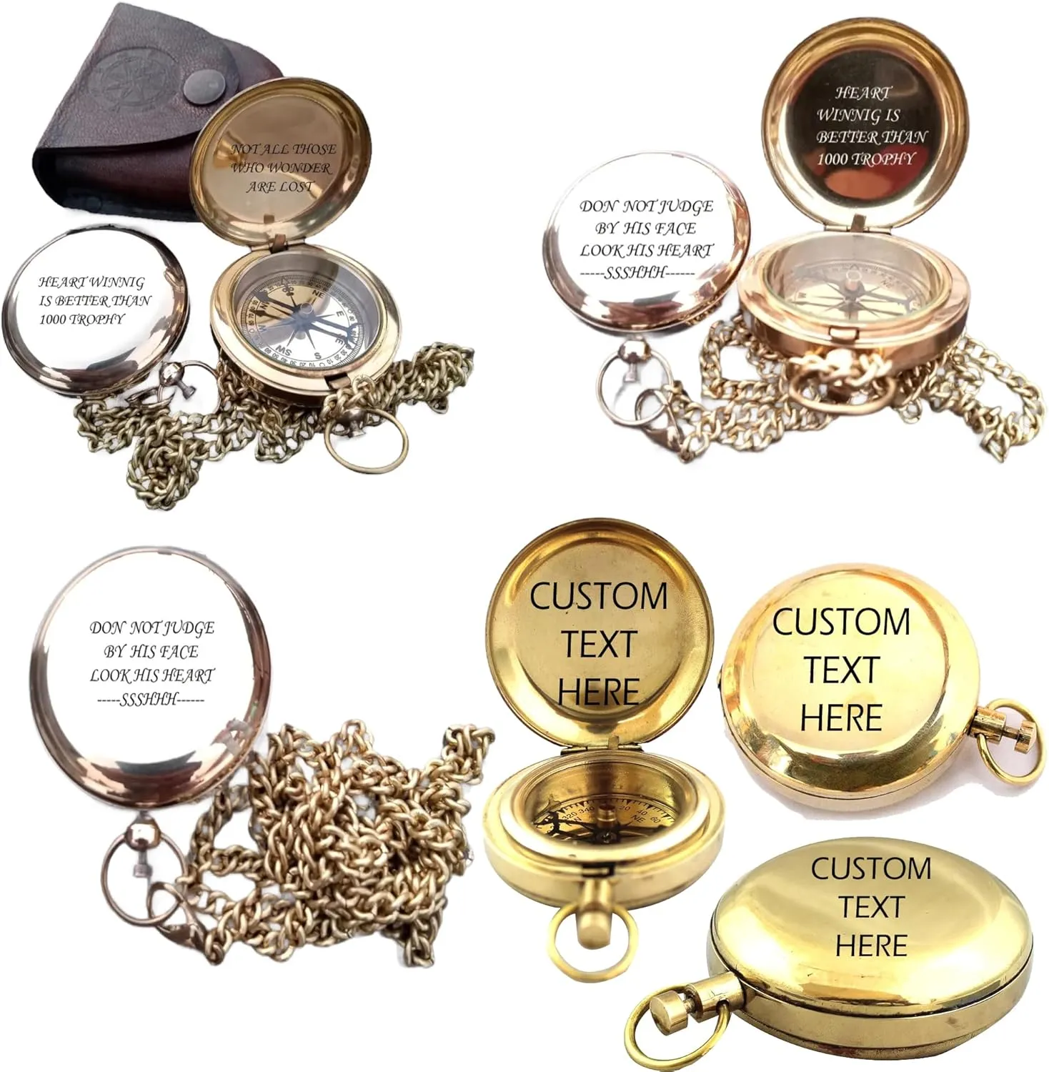 Personalized Brass Compass with Leather Case (Gold)